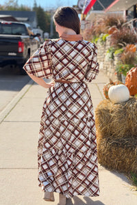 Button Down Plaid Maxi Dress - Brown