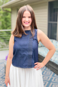 Indigo Denim Sleeveless Pintuck Top