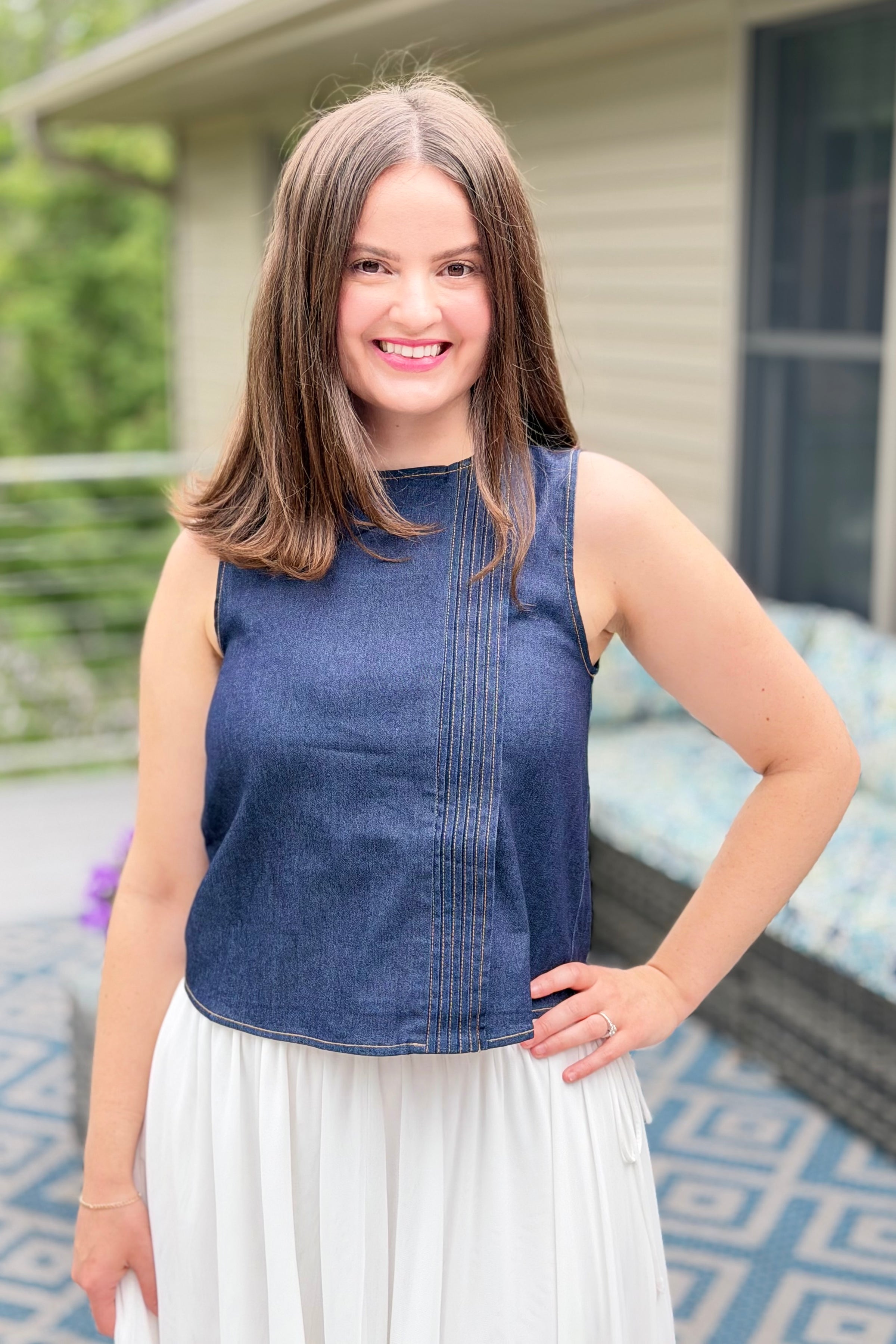 Indigo Denim Sleeveless Pintuck Top