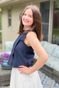 Indigo Denim Sleeveless Pintuck Top