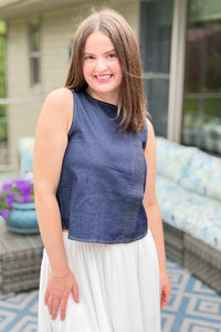 Indigo Denim Sleeveless Pintuck Top