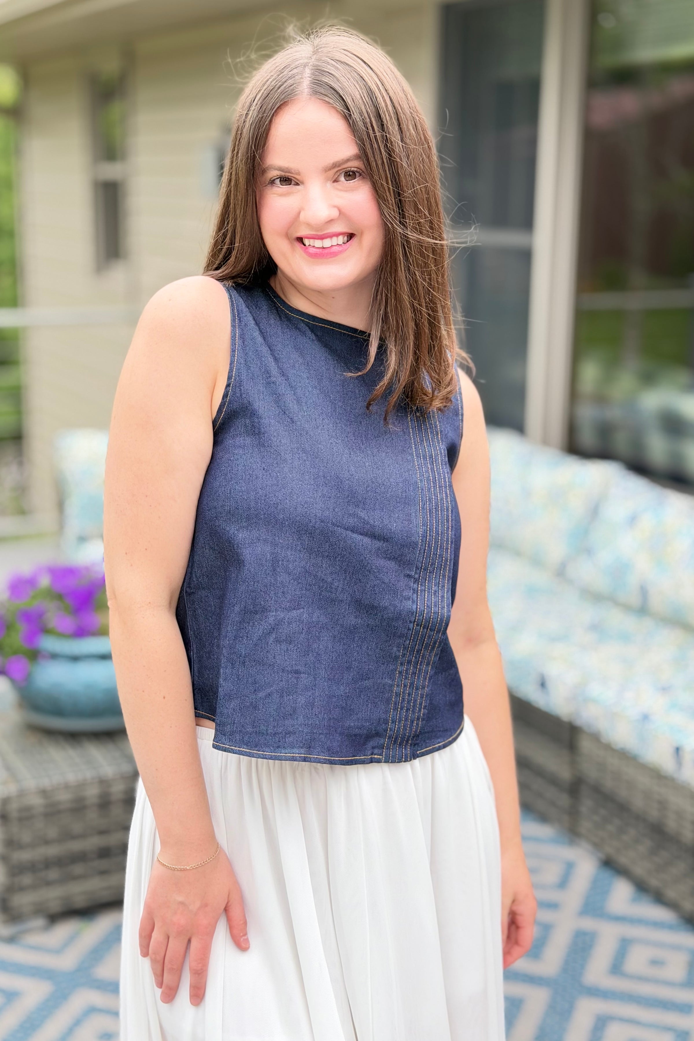 Indigo Denim Sleeveless Pintuck Top