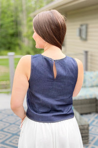 Indigo Denim Sleeveless Pintuck Top