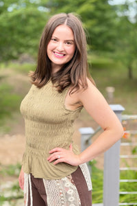 Smocked Ruffle Tank Top - Olive
