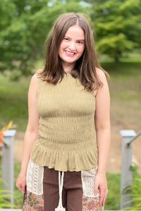 Smocked Ruffle Tank Top - Olive