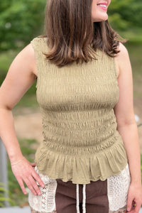 Smocked Ruffle Tank Top - Olive
