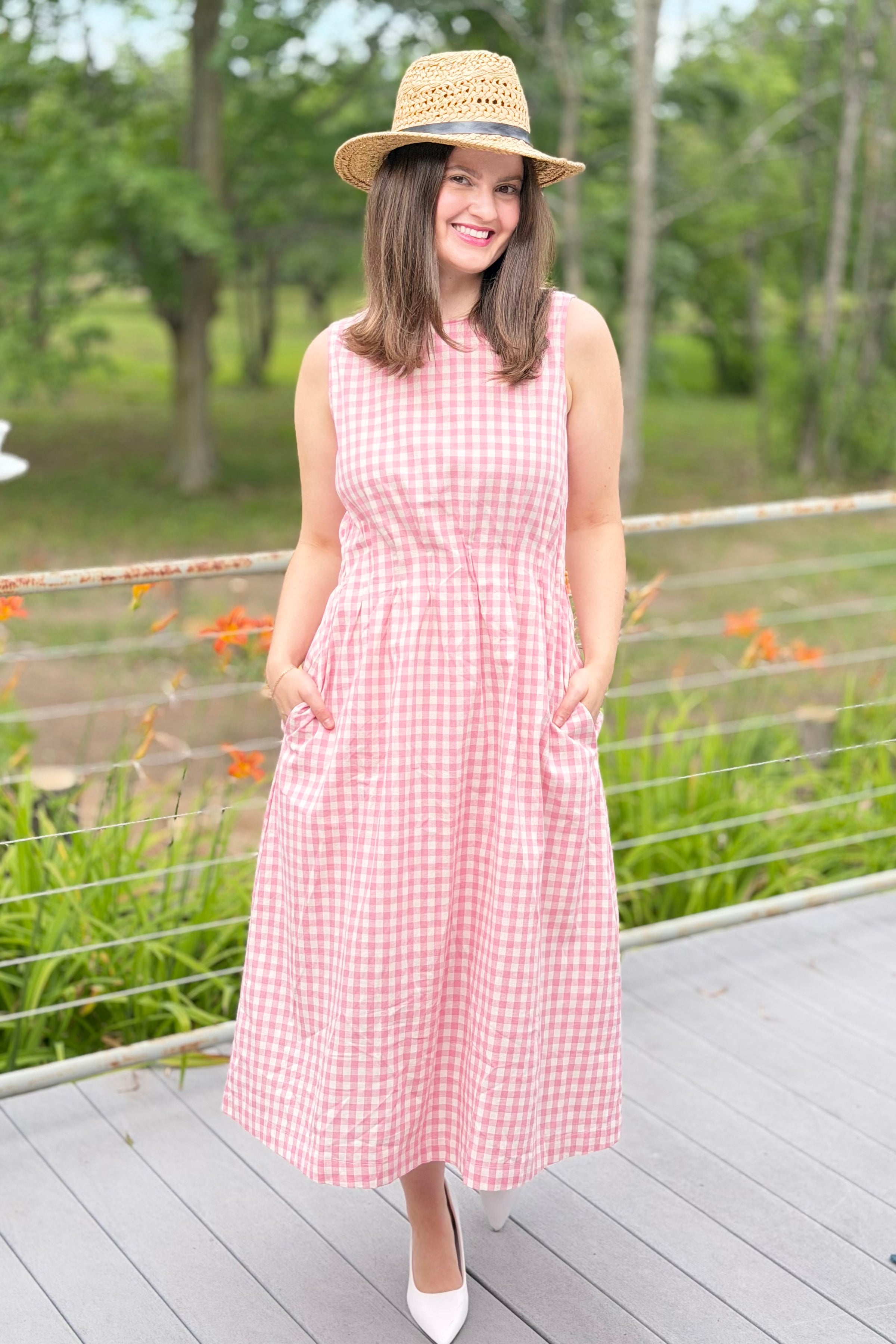 Gingham Sleeveless Midi Dress - Pink