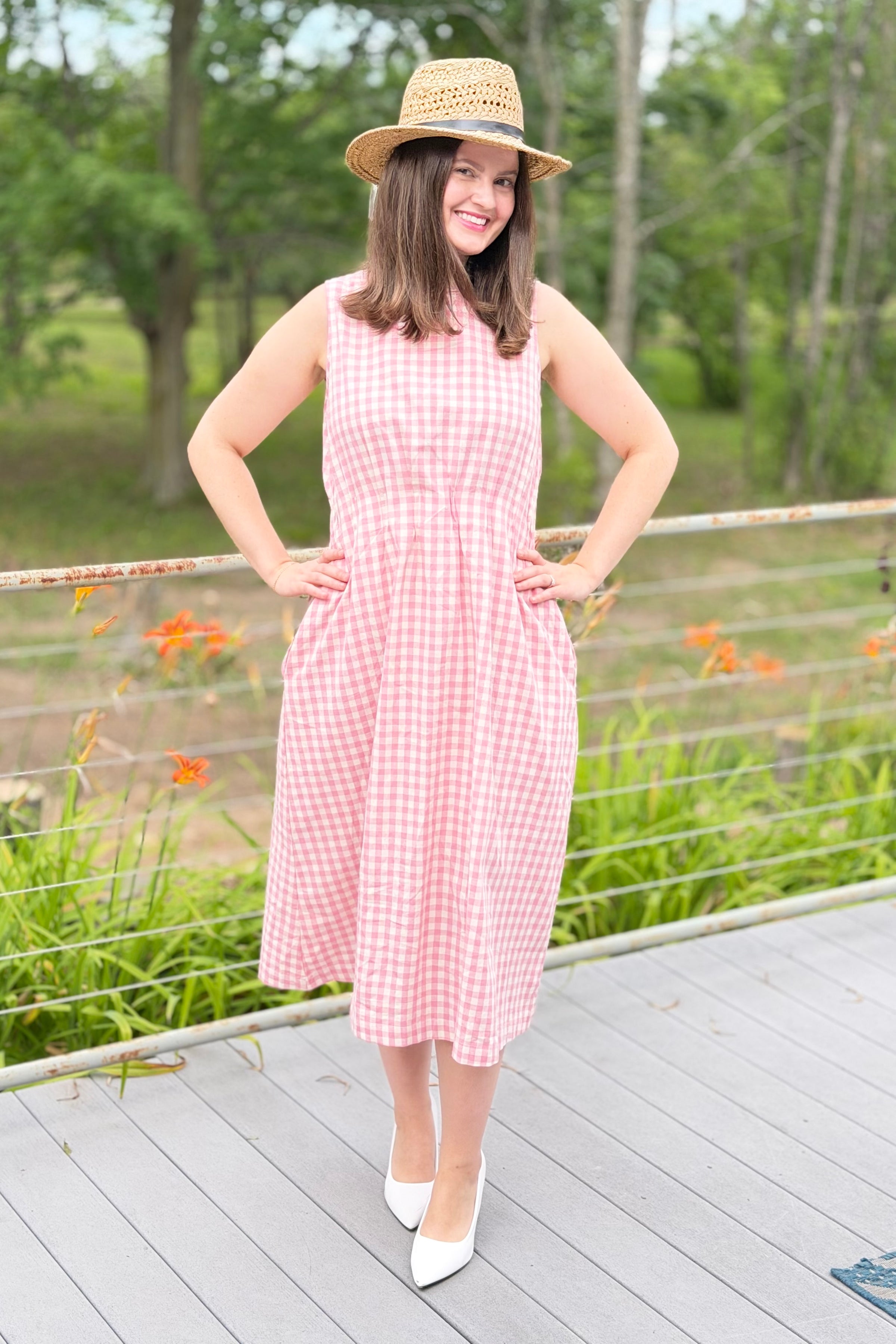 Gingham Sleeveless Midi Dress - Pink