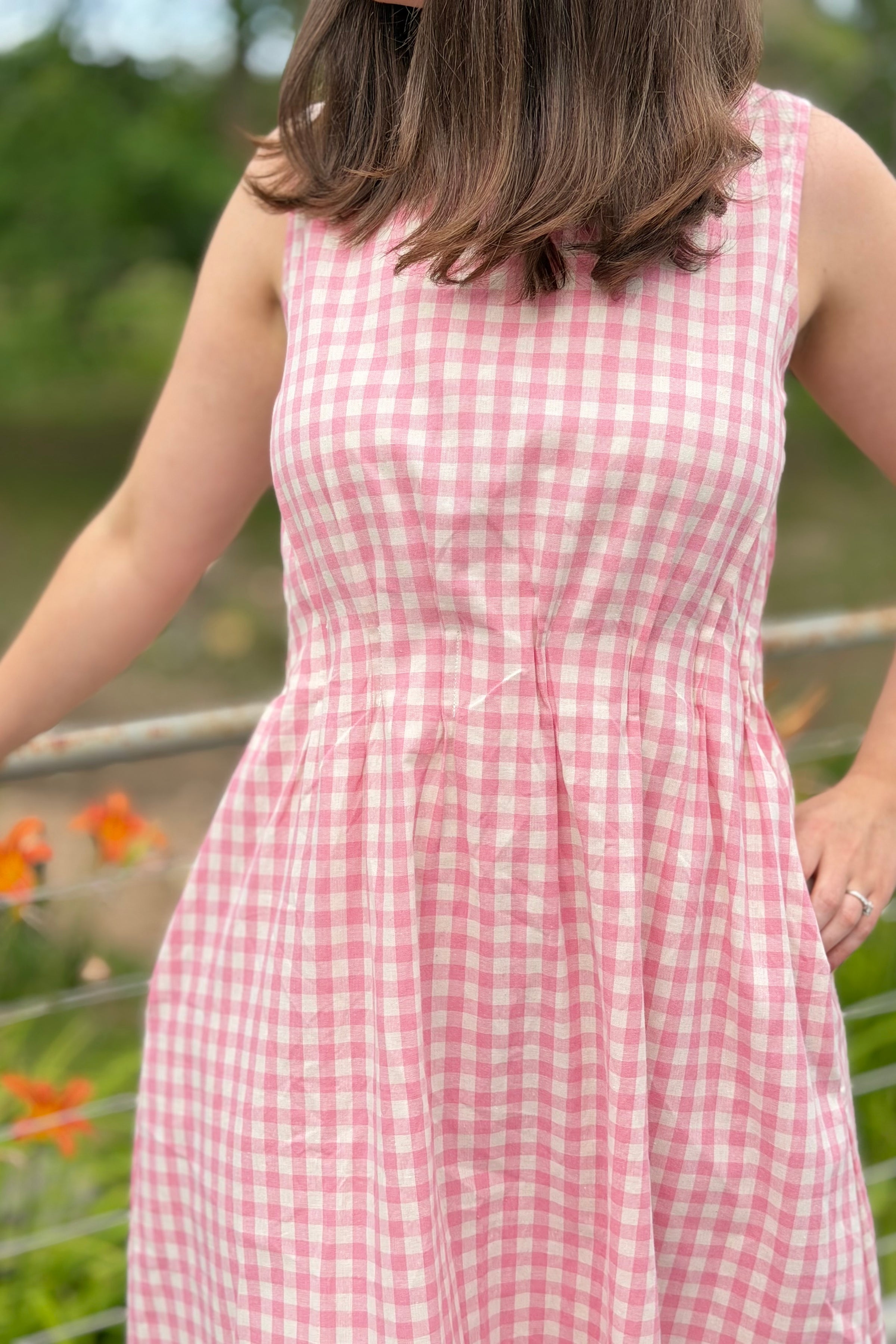Gingham Sleeveless Midi Dress - Pink