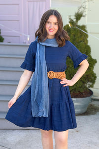 Textured Tiered Ruffle Dress - Navy