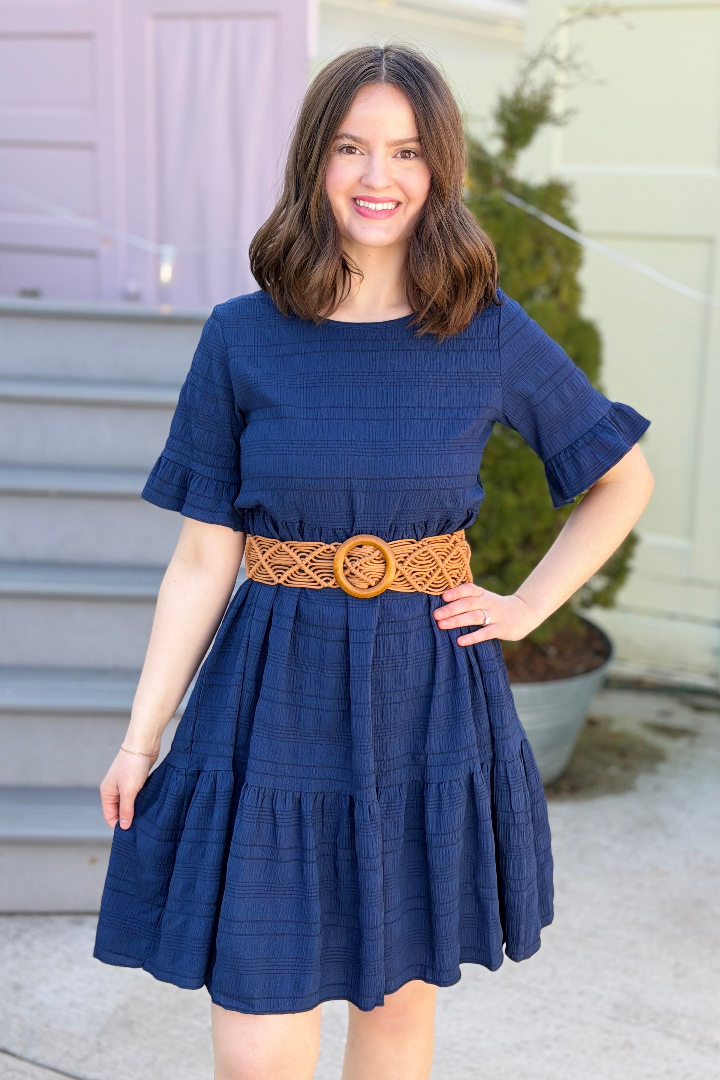 Textured Tiered Ruffle Dress - Navy