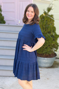 Textured Tiered Ruffle Dress - Navy