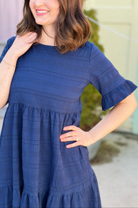 Textured Tiered Ruffle Dress - Navy