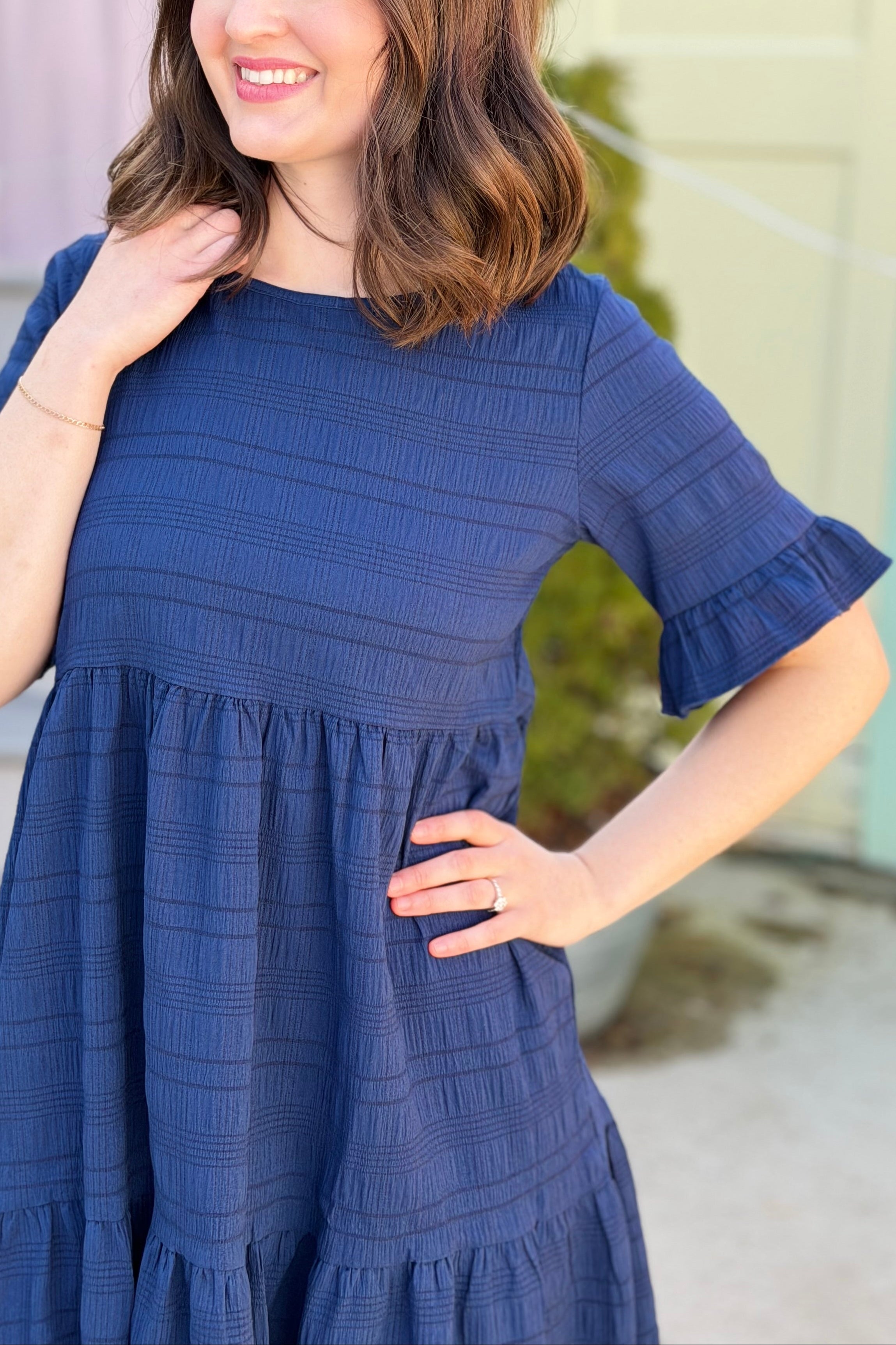 Textured Tiered Ruffle Dress - Navy
