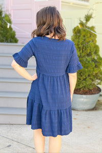 Textured Tiered Ruffle Dress - Navy