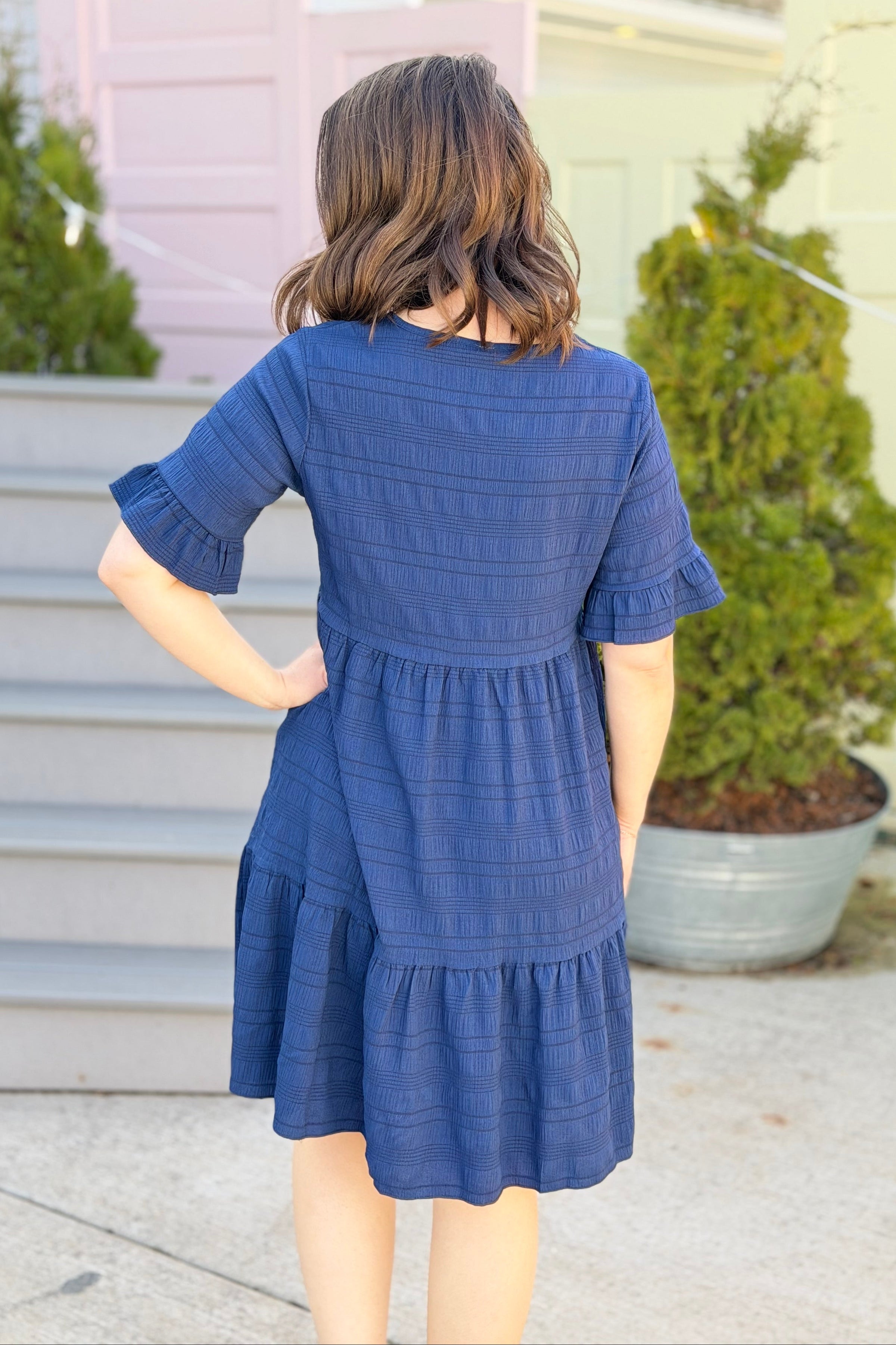 Textured Tiered Ruffle Dress - Navy