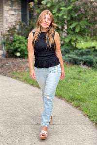 Smocked Ruffle Tank Top - Black