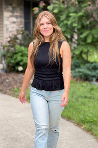 Smocked Ruffle Tank Top - Black