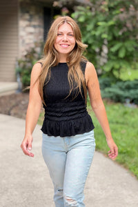 Smocked Ruffle Tank Top - Black