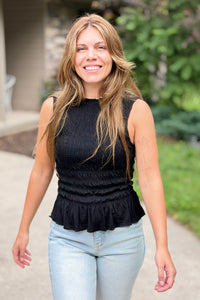 Smocked Ruffle Tank Top - Black