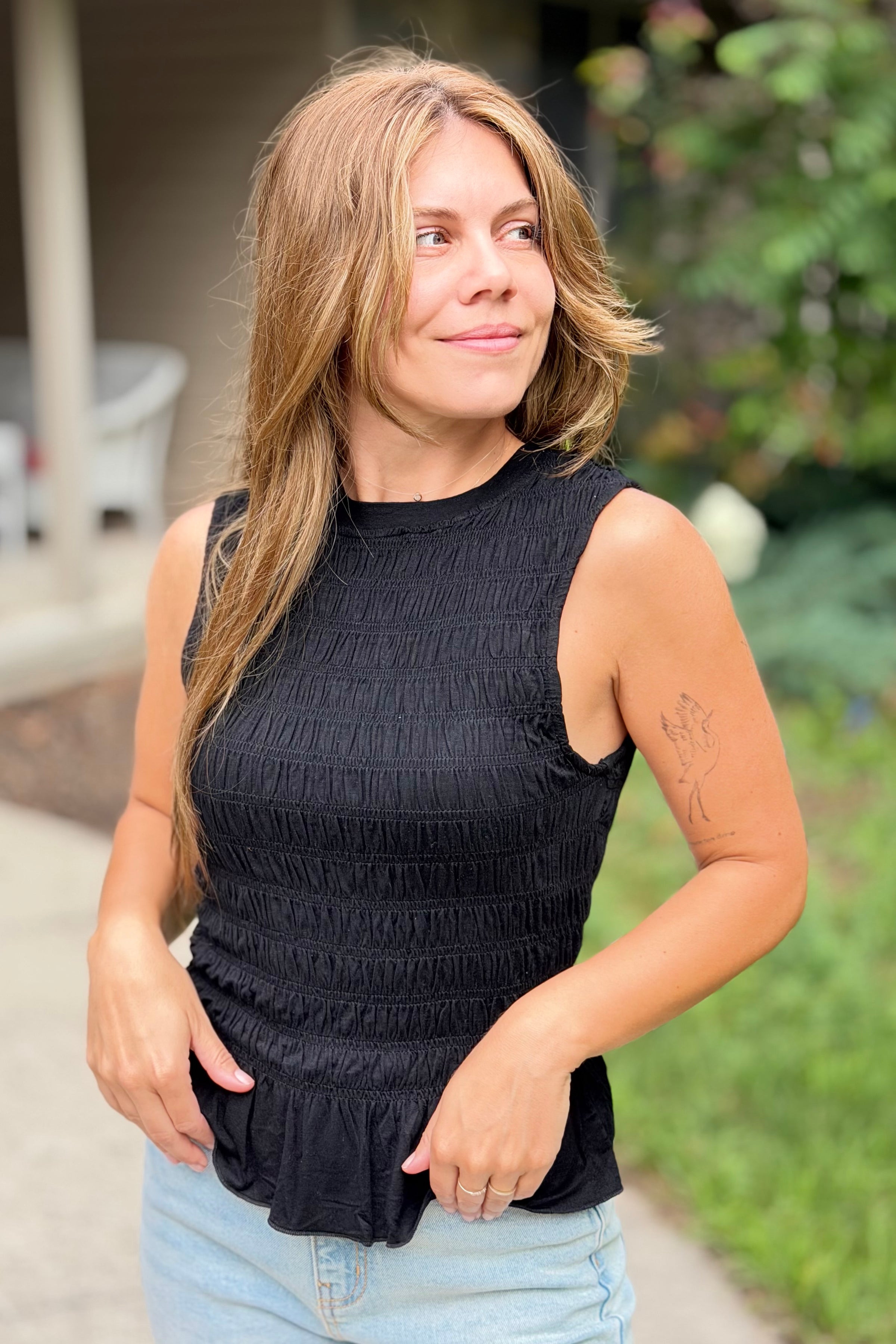 Smocked Ruffle Tank Top - Black