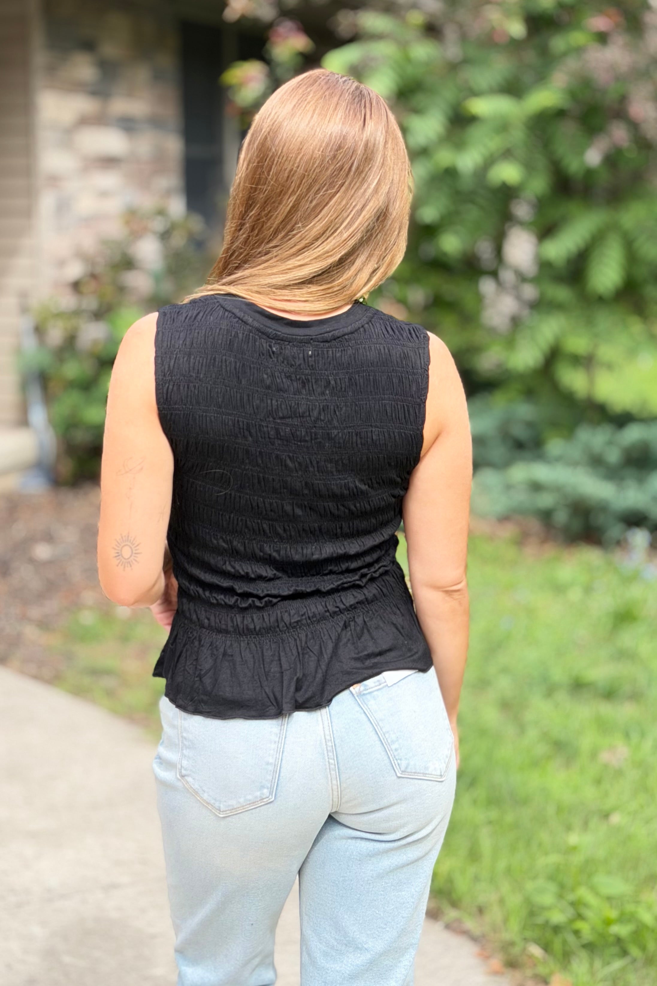 Smocked Ruffle Tank Top - Black