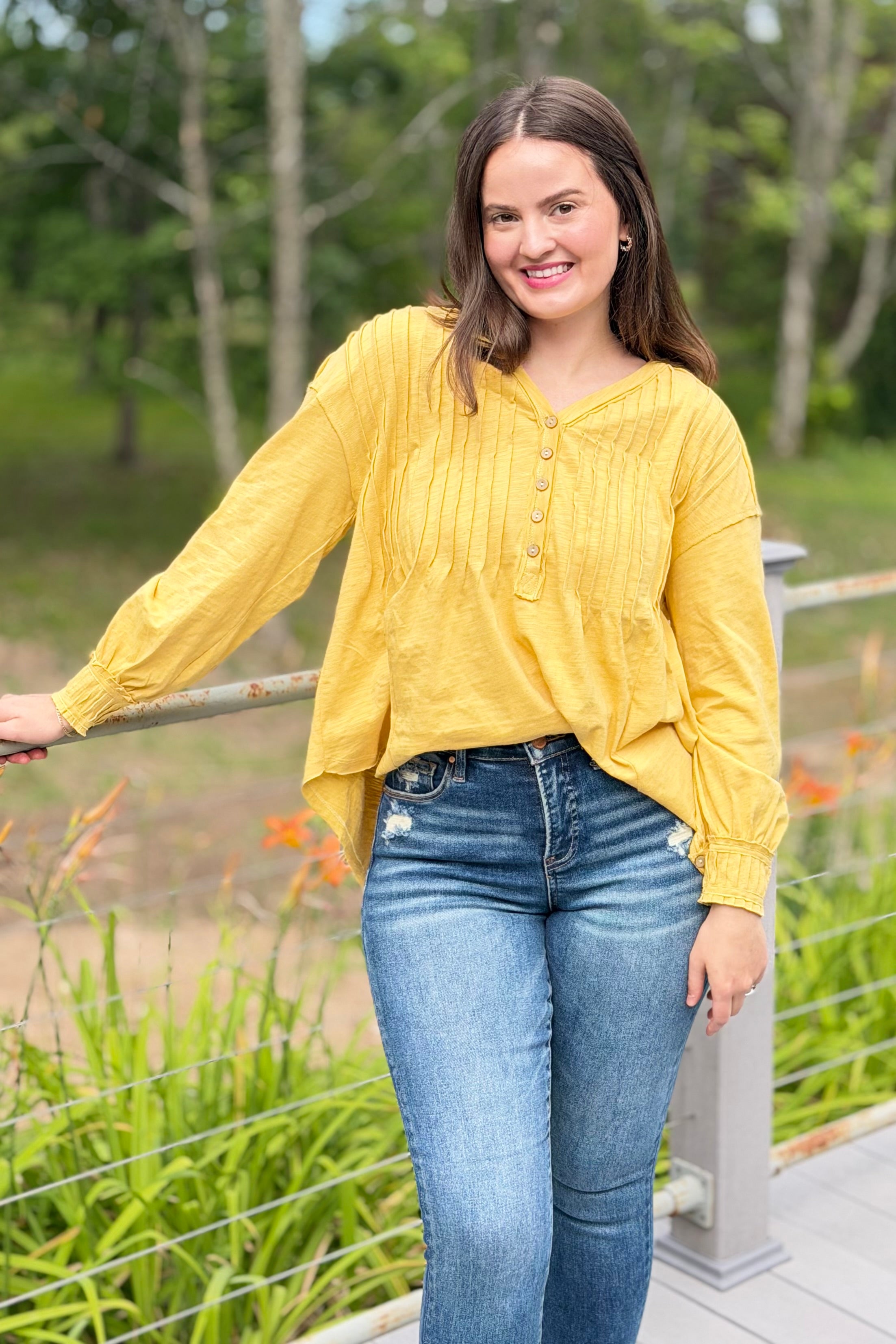 Pleated Henley Top - Mustard