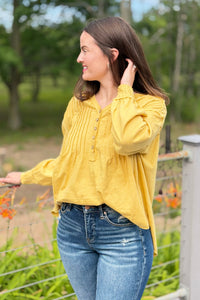 Pleated Henley Top - Mustard
