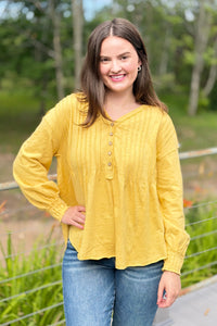 Pleated Henley Top - Mustard