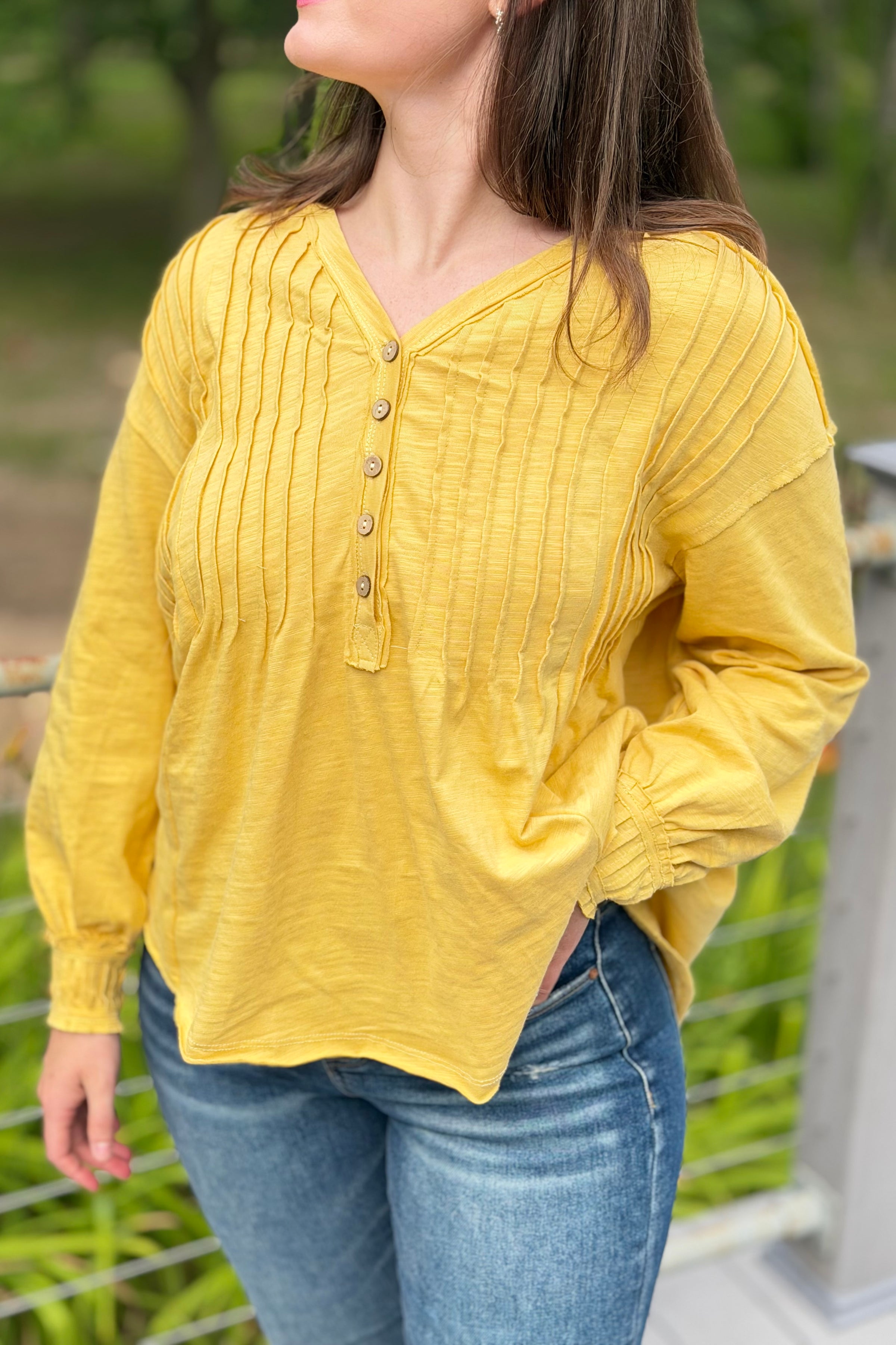 Pleated Henley Top - Mustard