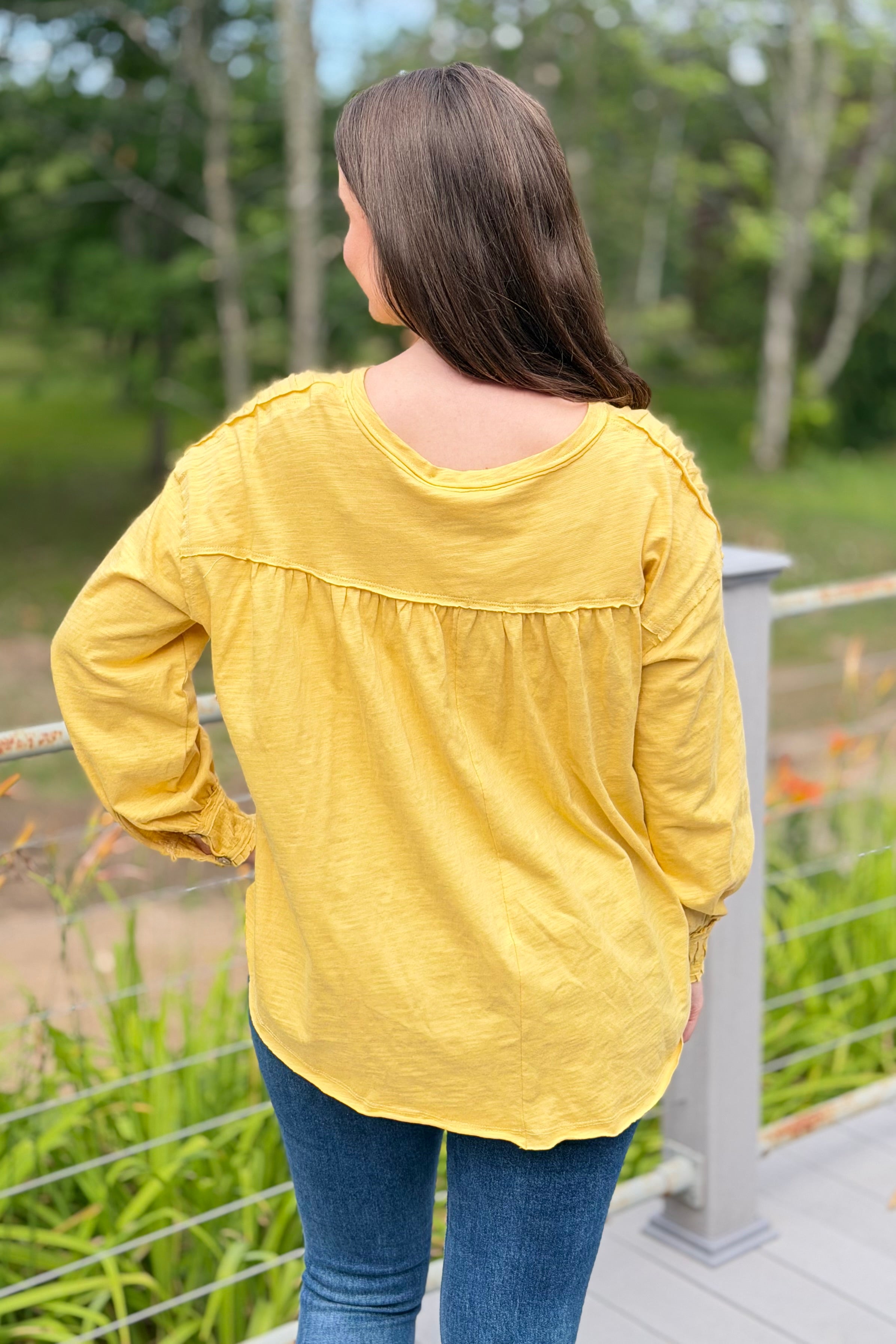 Pleated Henley Top - Mustard