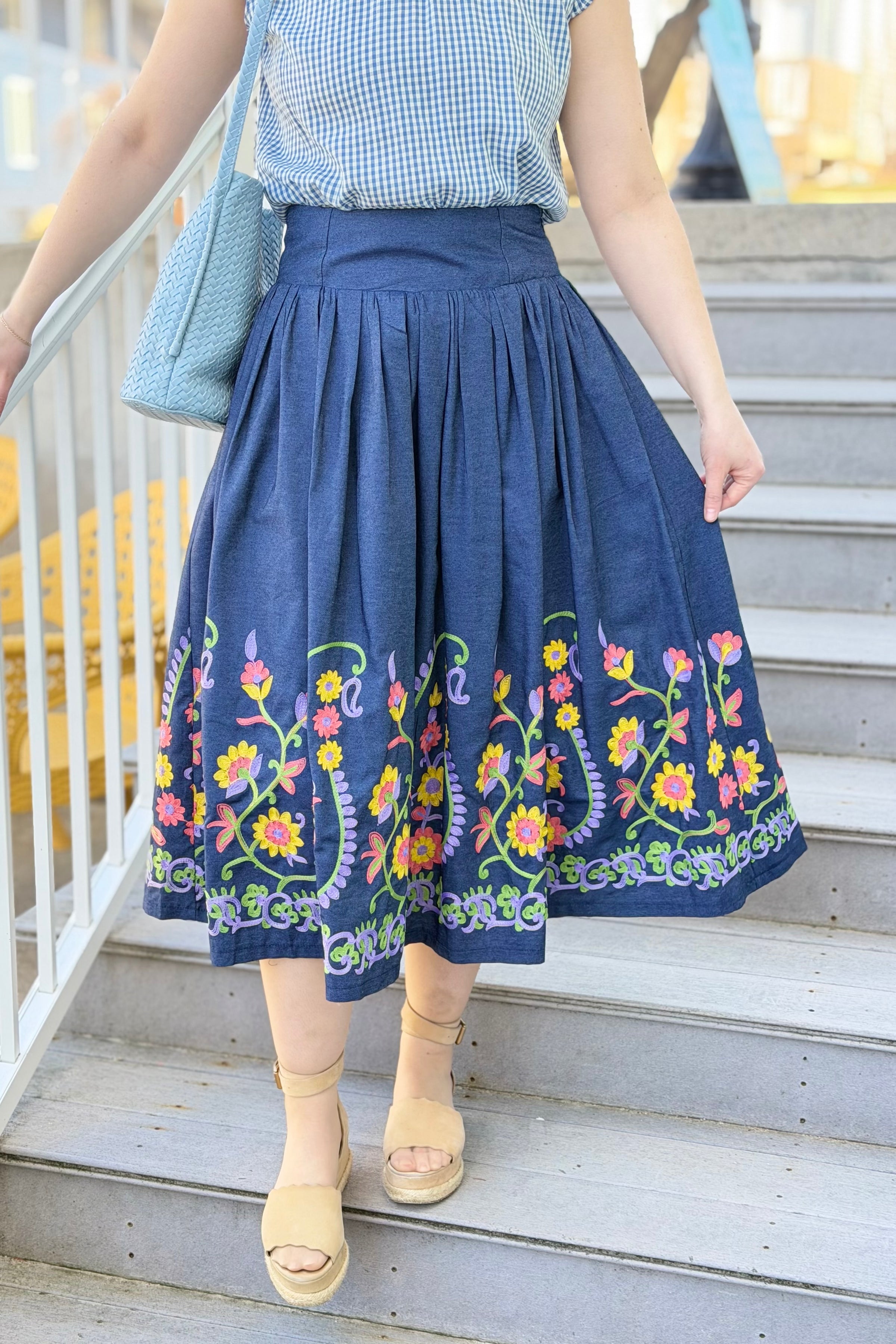 Flare Denim Embroidered Skirt