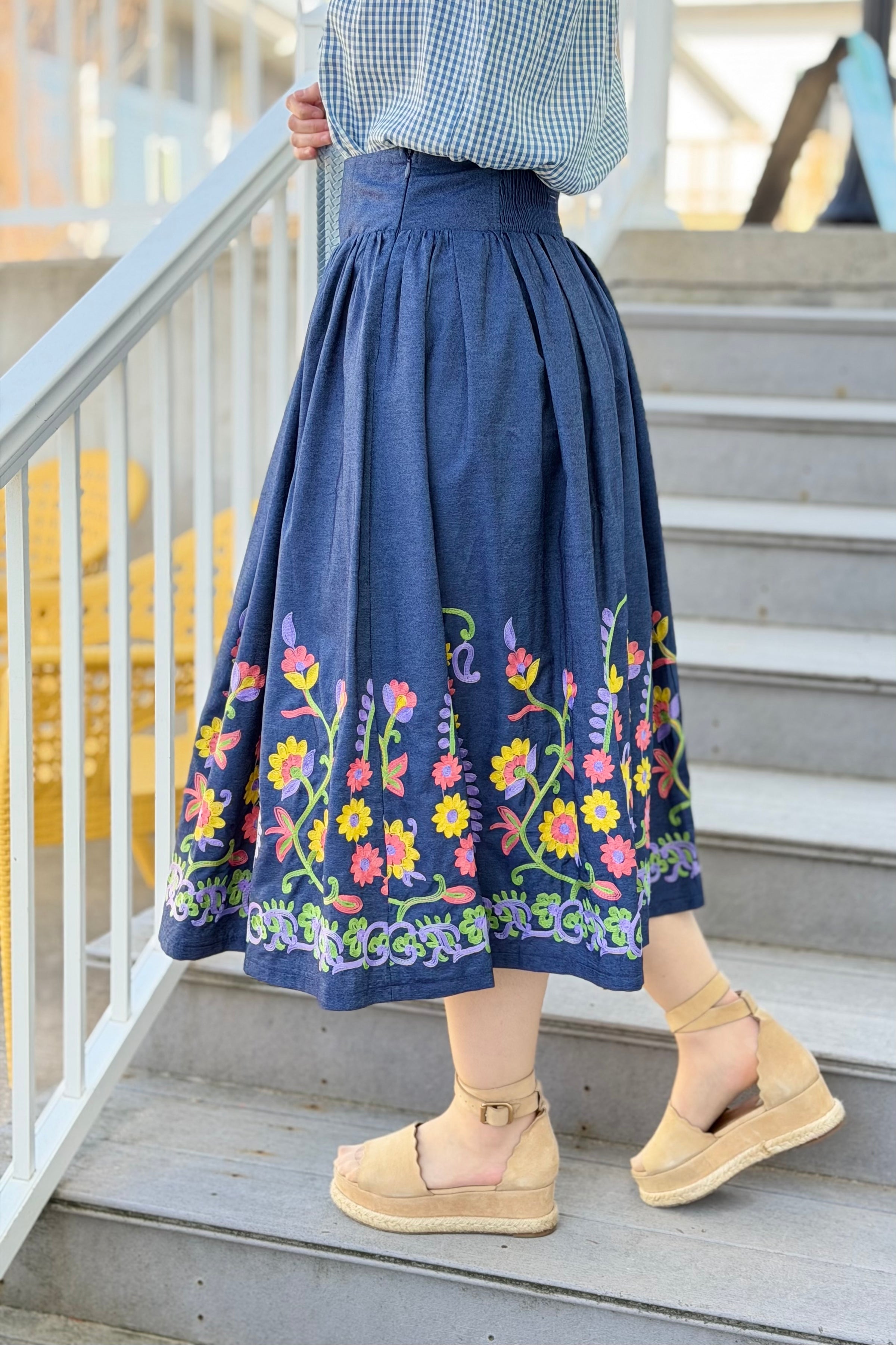 Flare Denim Embroidered Skirt