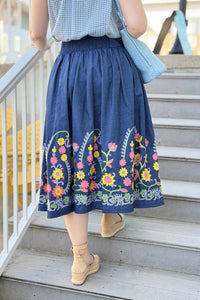 Flare Denim Embroidered Skirt