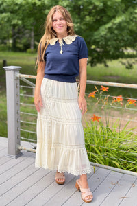 Crochet Collar Knit Top - Navy