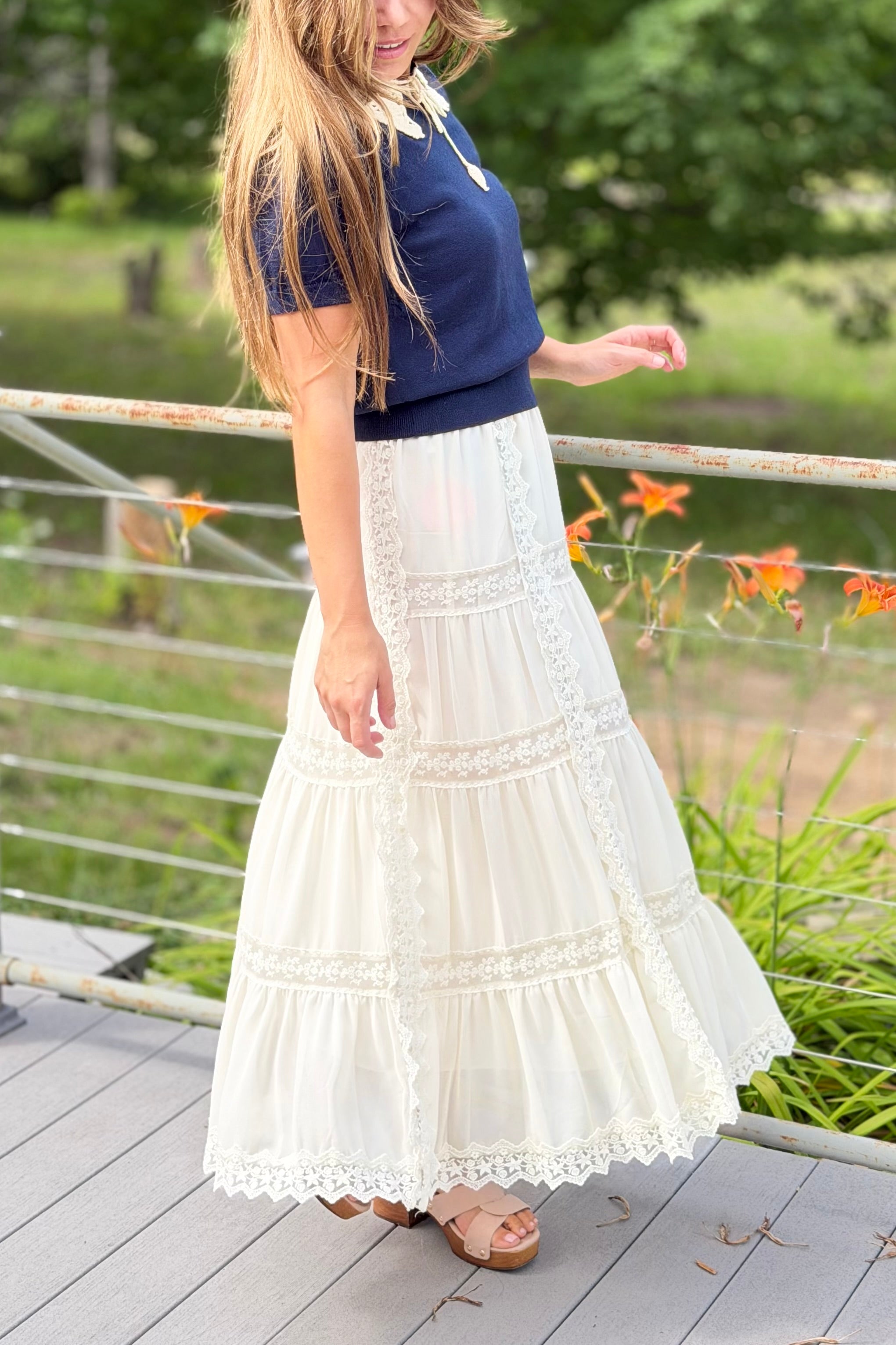 Lace Trim Maxi Skirt - Butter