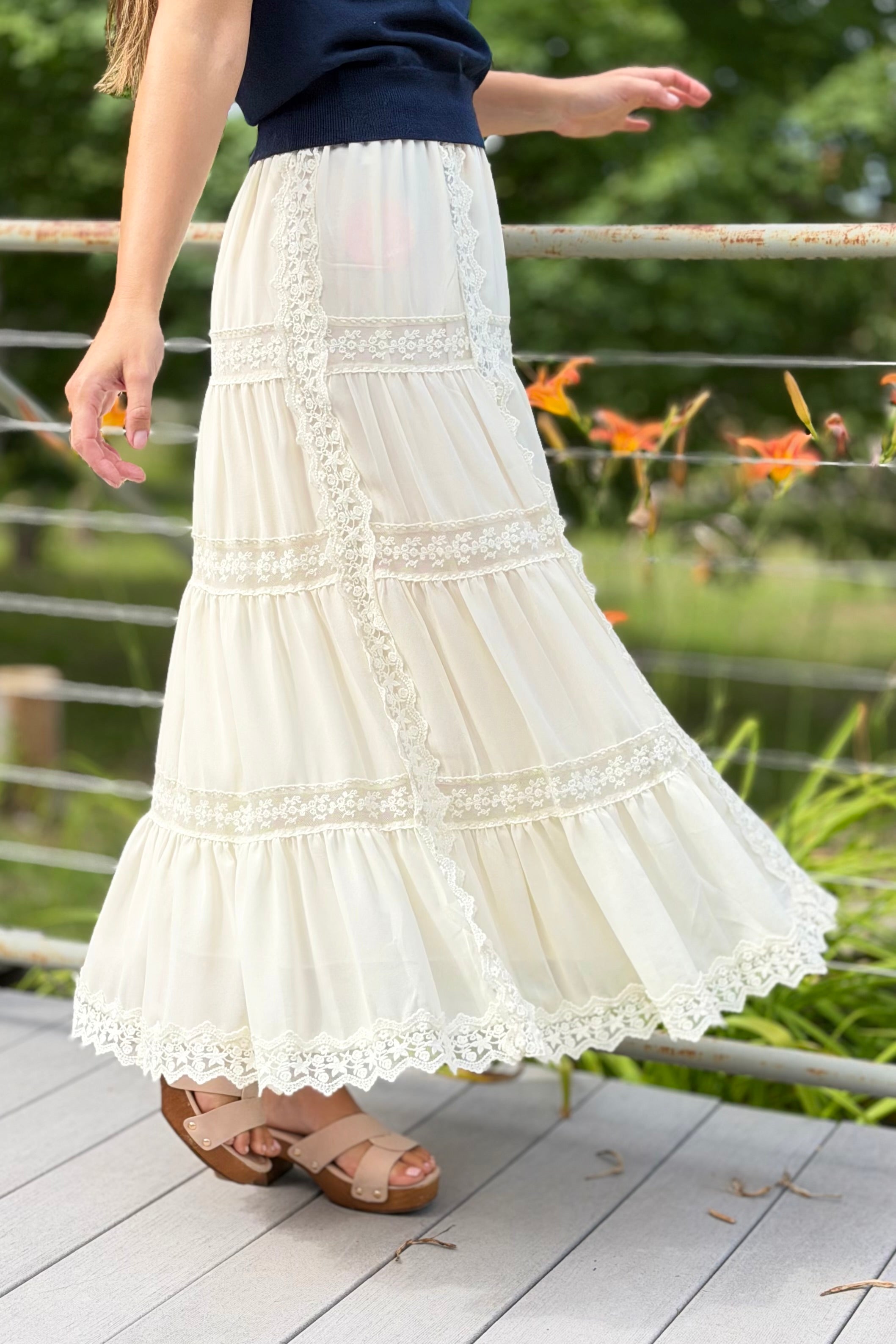 Lace Trim Maxi Skirt - Butter