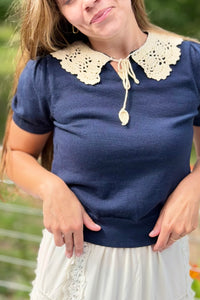 Crochet Collar Knit Top - Navy