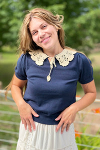 Crochet Collar Knit Top - Navy