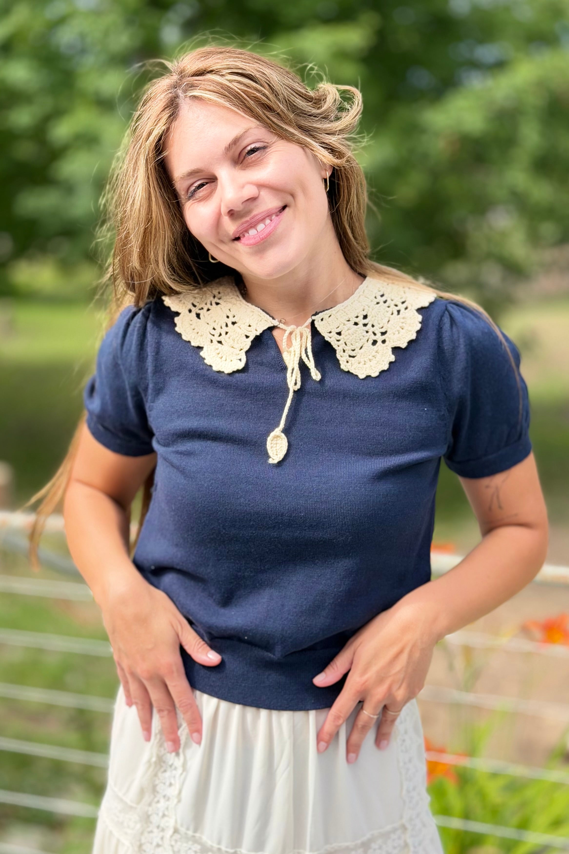 Crochet Collar Knit Top - Navy