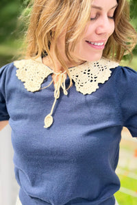 Crochet Collar Knit Top - Navy