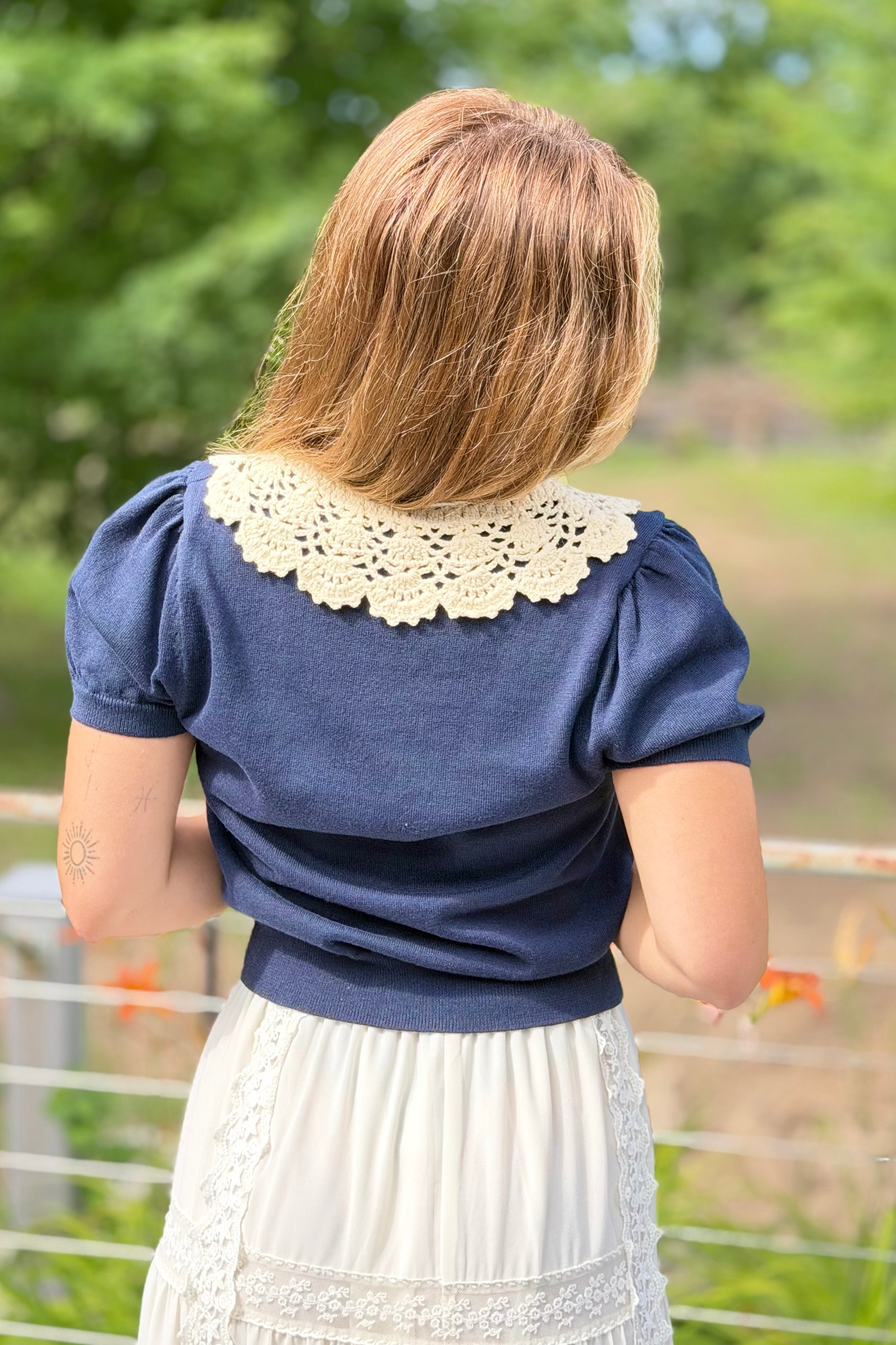 Crochet Collar Knit Top - Navy