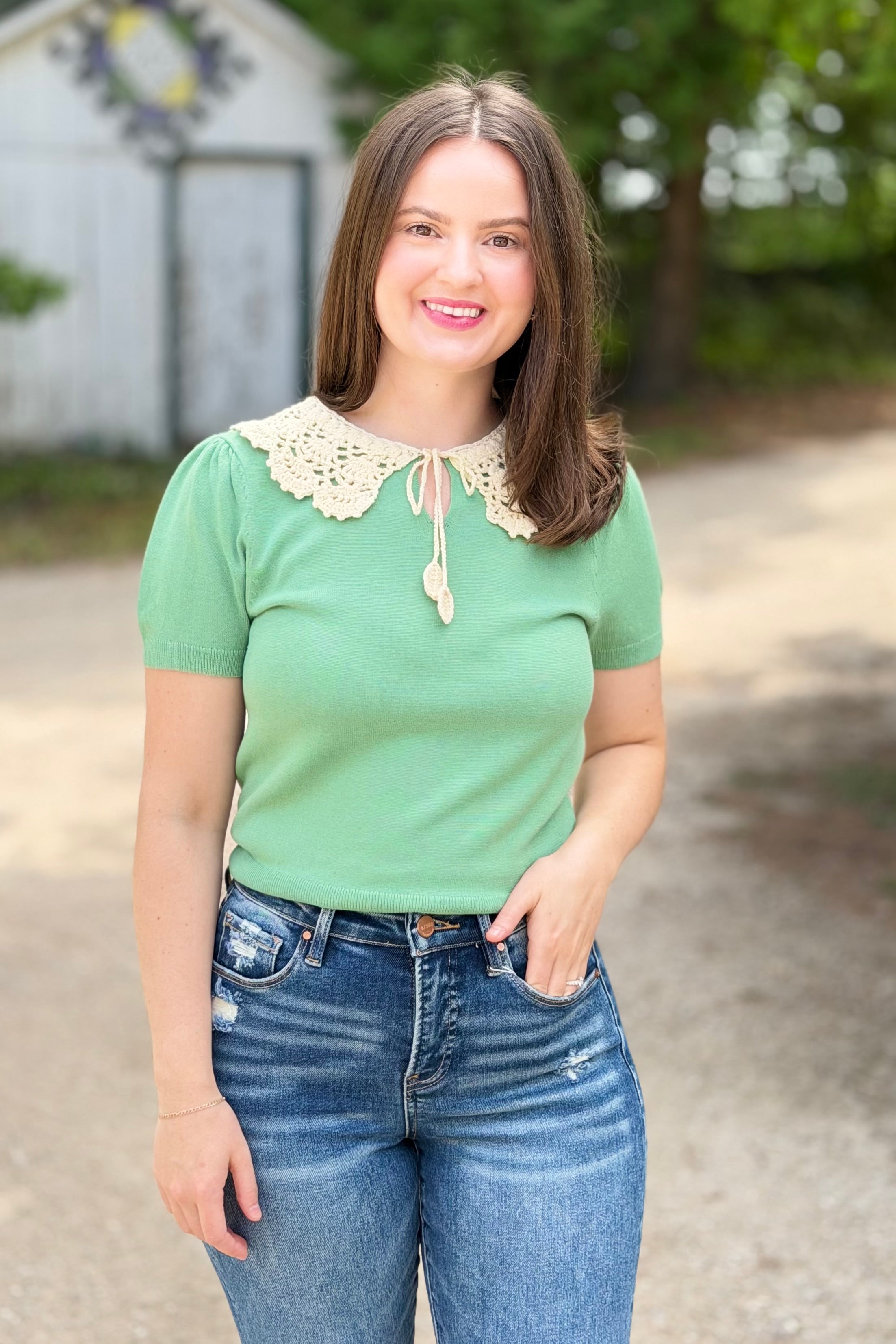 Crochet Collar Knit Top - Jade