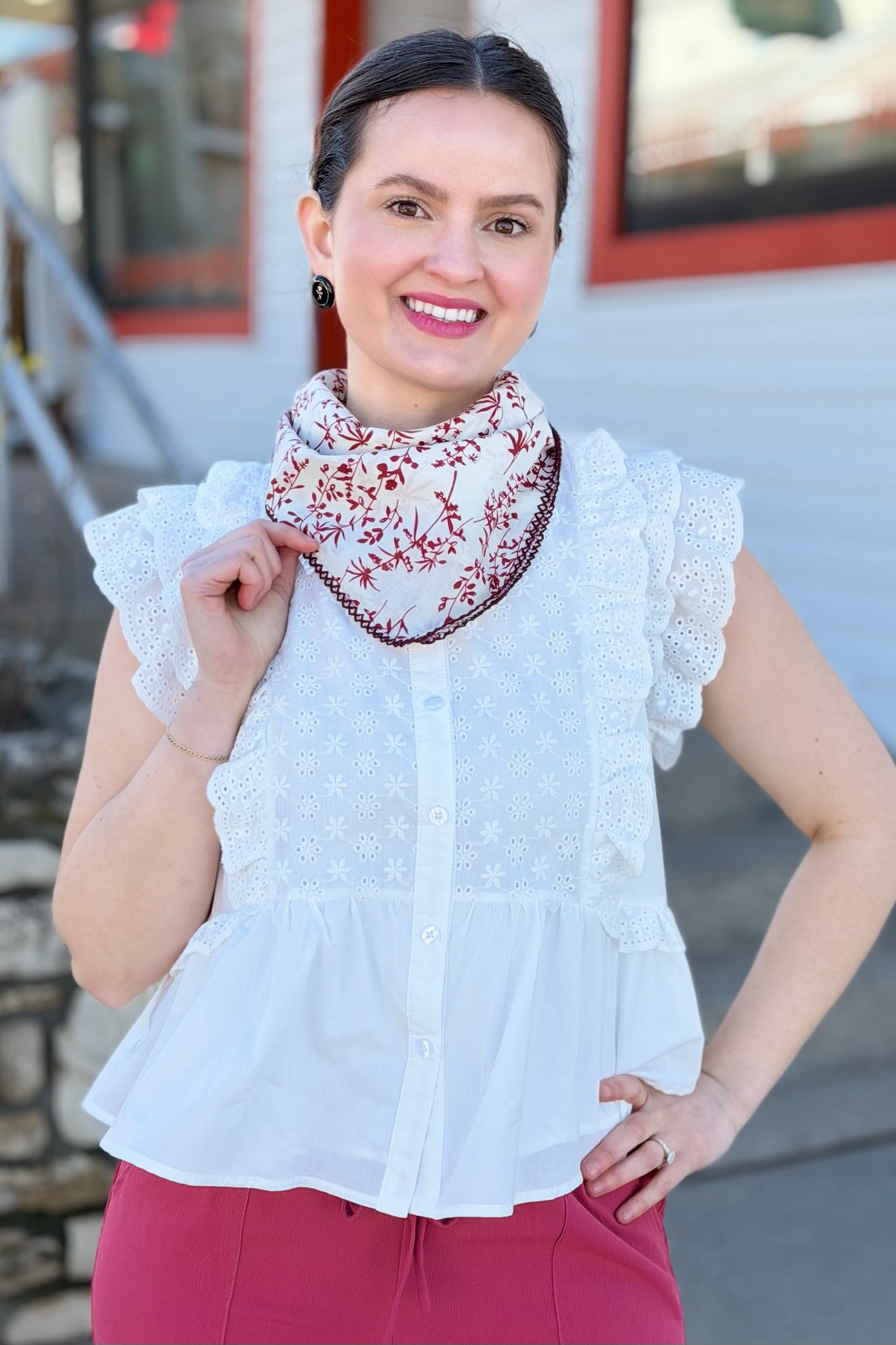 Eyelet Button Peplum Top - Off White