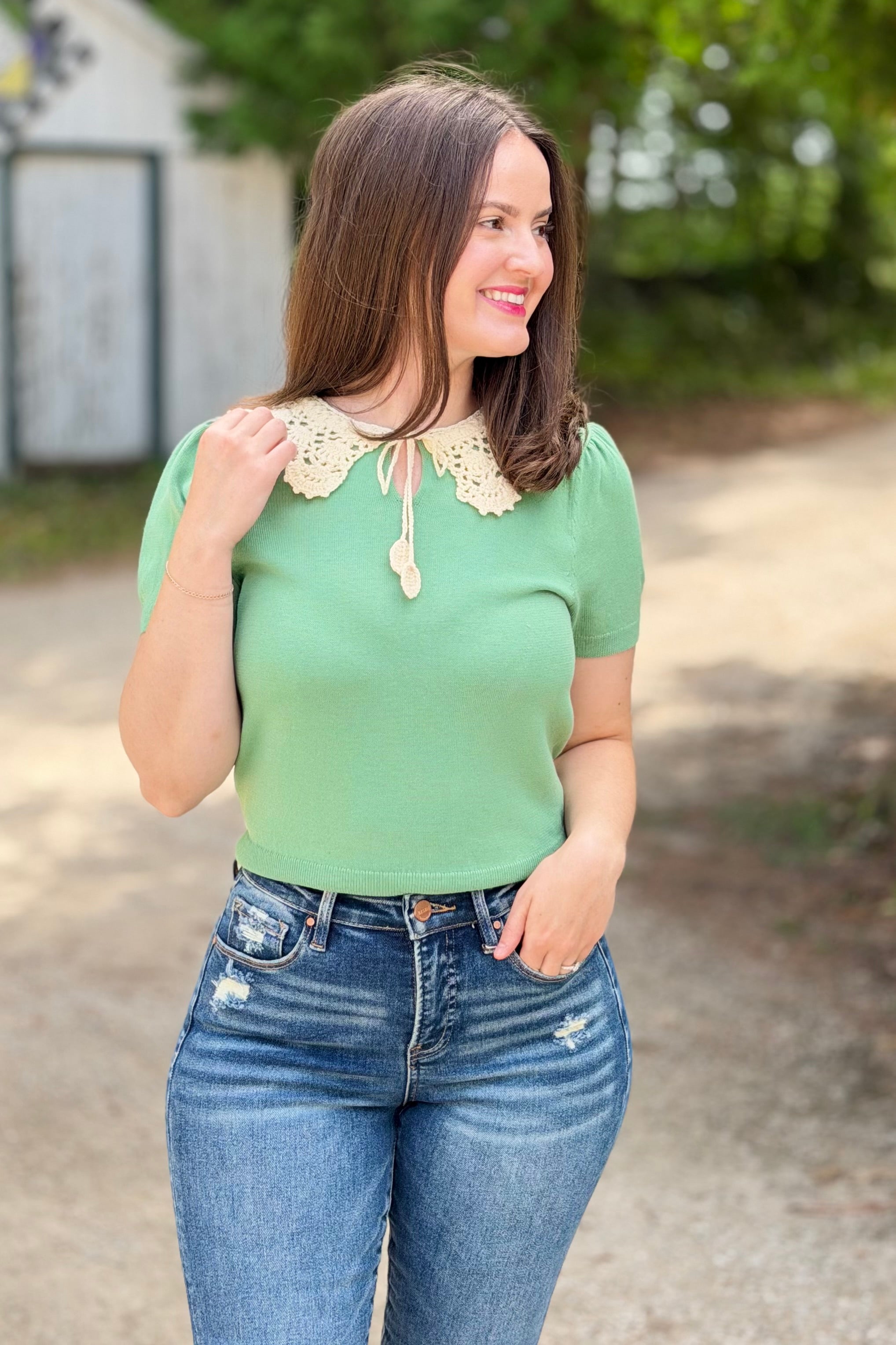 Crochet Collar Knit Top - Jade