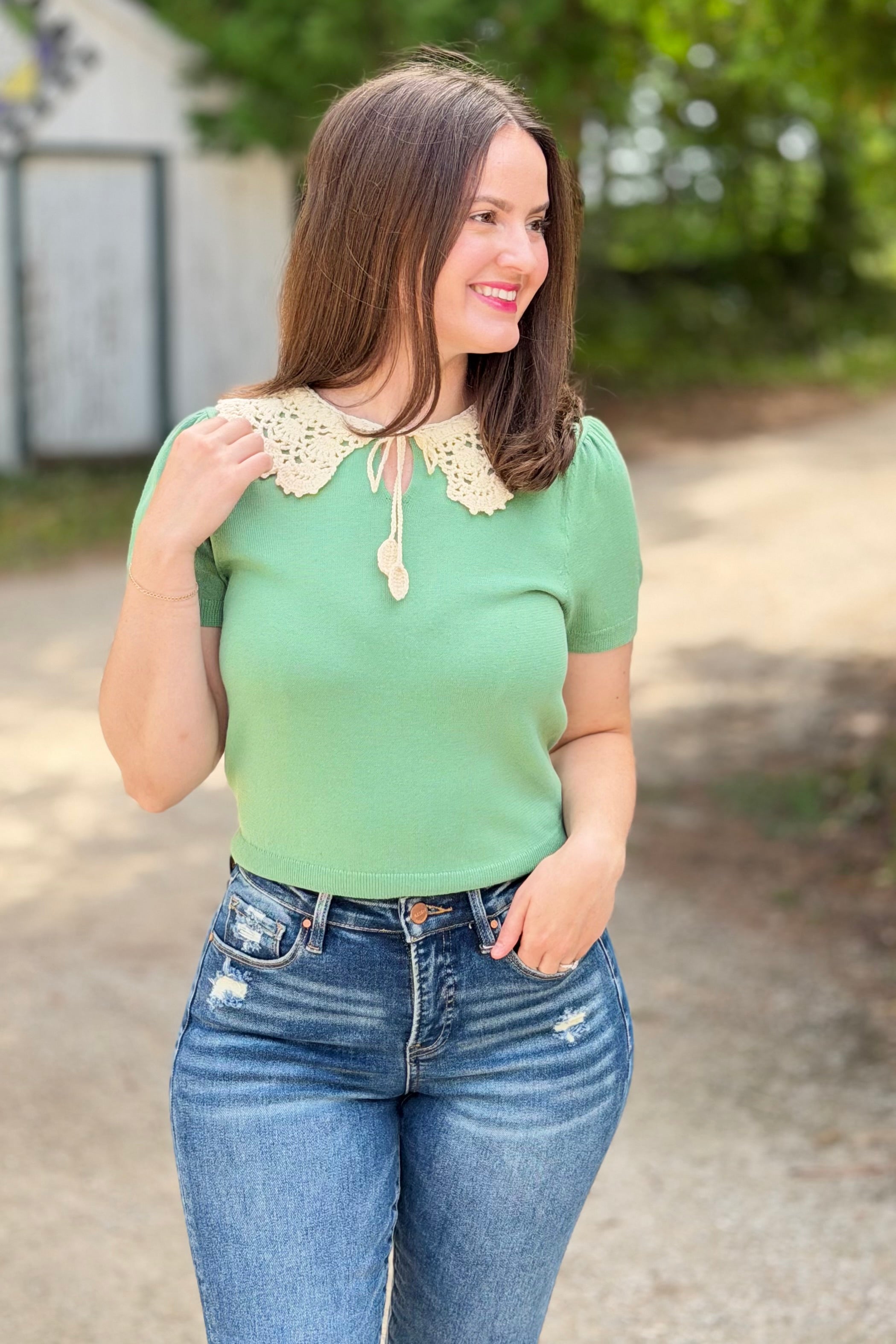 Crochet Collar Knit Top - Jade