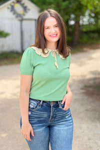 Crochet Collar Knit Top - Jade