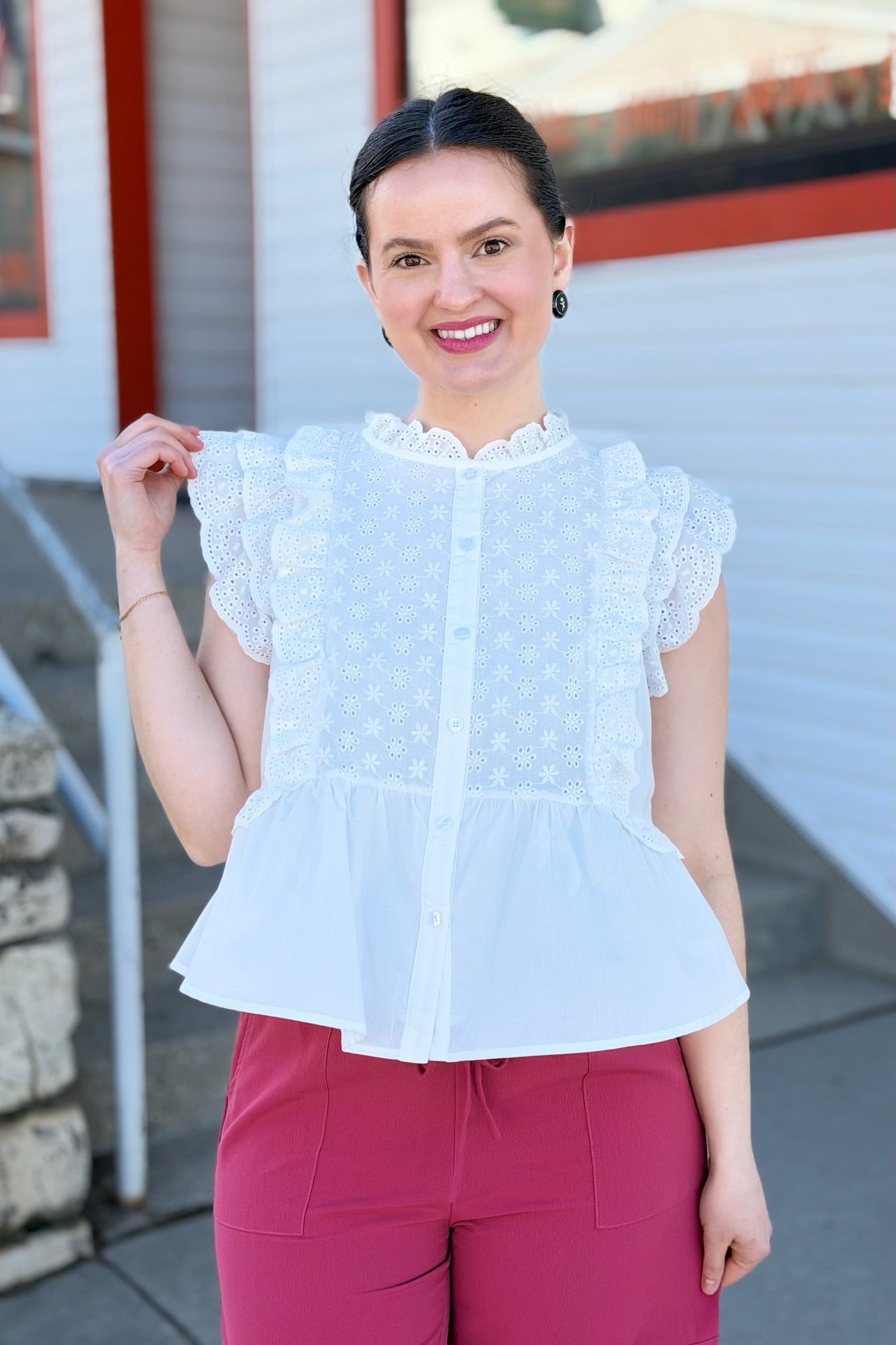 Eyelet Button Peplum Top - Off White