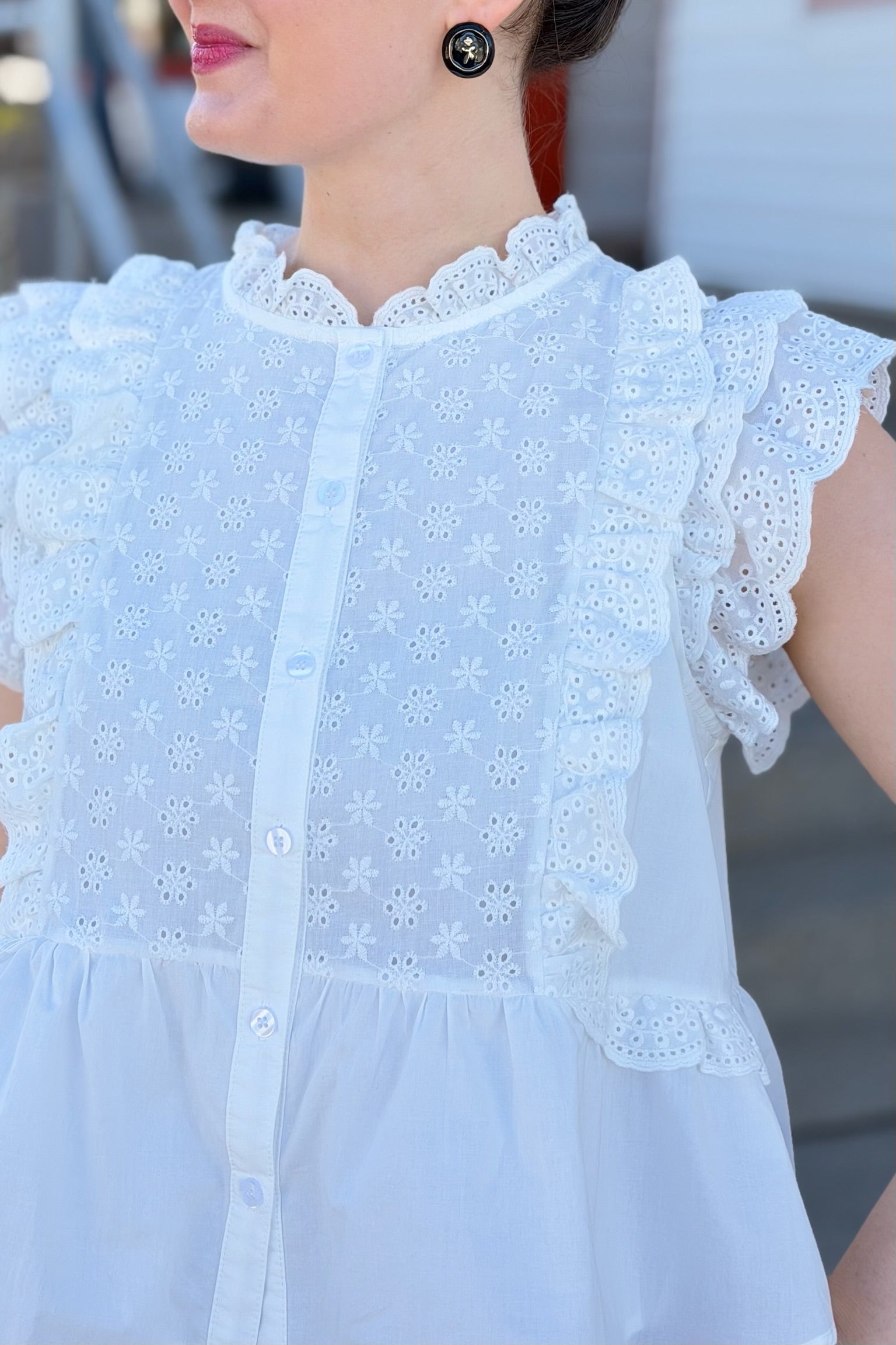Eyelet Button Peplum Top - Off White
