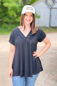 Sena V-Neck Lace Top - Black
